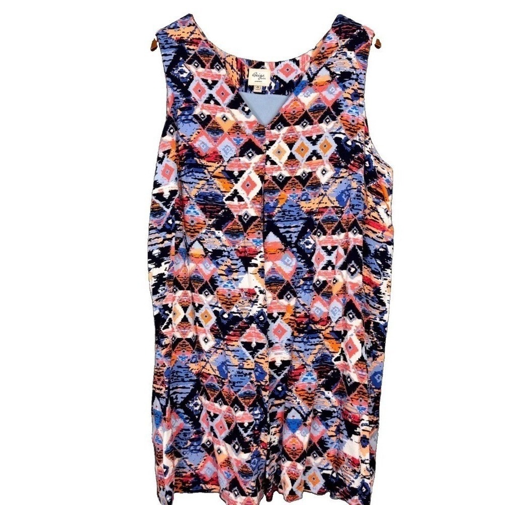 Beige by eci Shift Dress Women 2X Multi Geometric Tribal Sleeveless V-Neck Lined